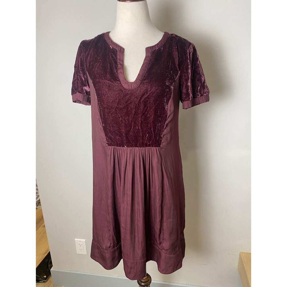 Maeve Anthropologie Burgundy Velvet Mixed Media Shift Dress Pockets Small